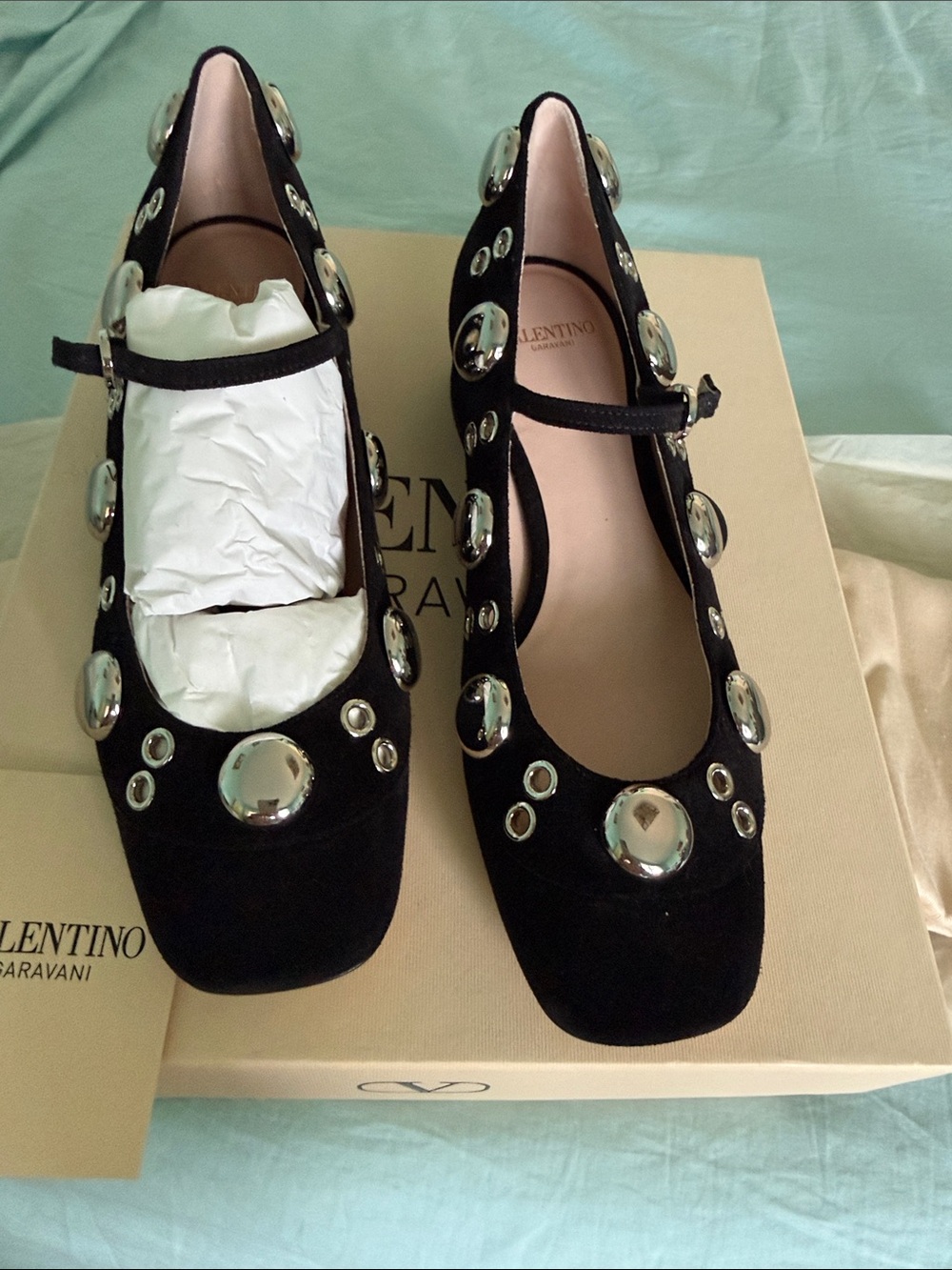 Valentino Black Suede Stud-Embellished Mary Jane Flats